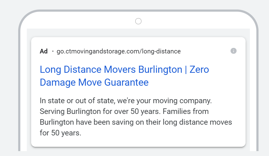 long distance movers Google ad