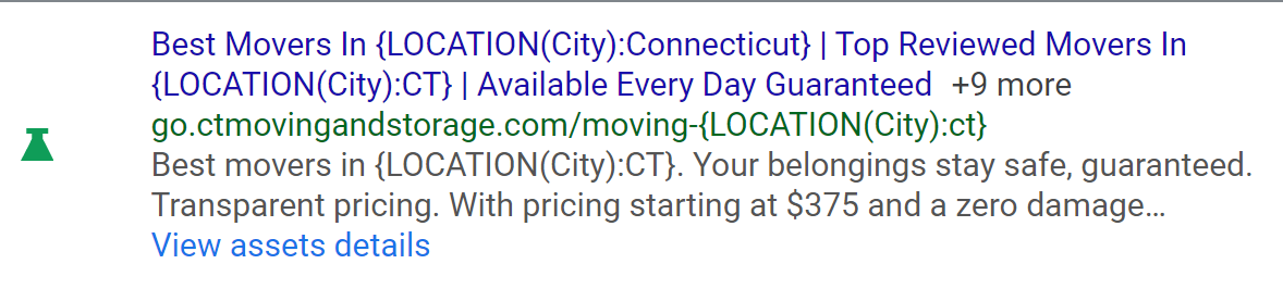 City insert in a Google Responsive Search Ad