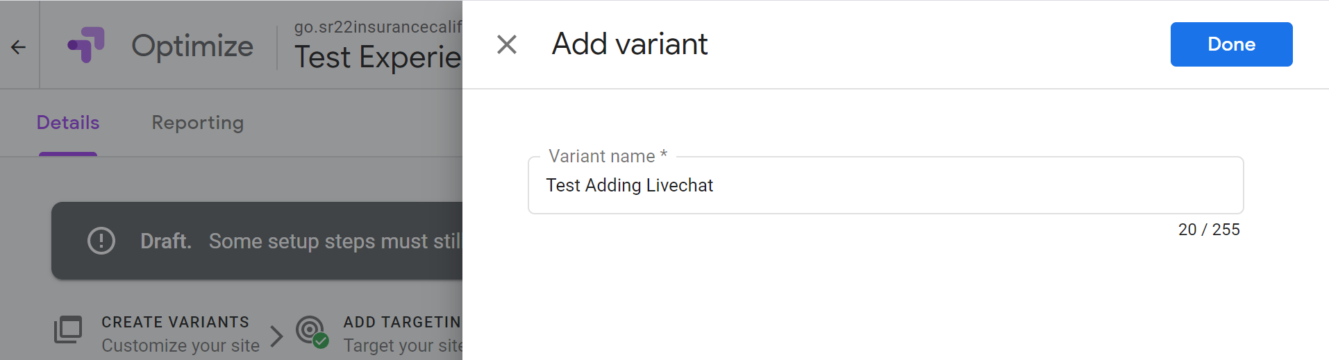 Adding a variant called test adding livechat