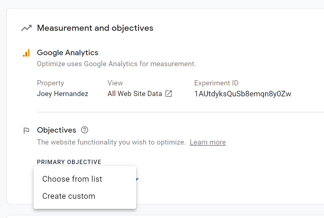 choosing the Google Analytics objective for the experiment