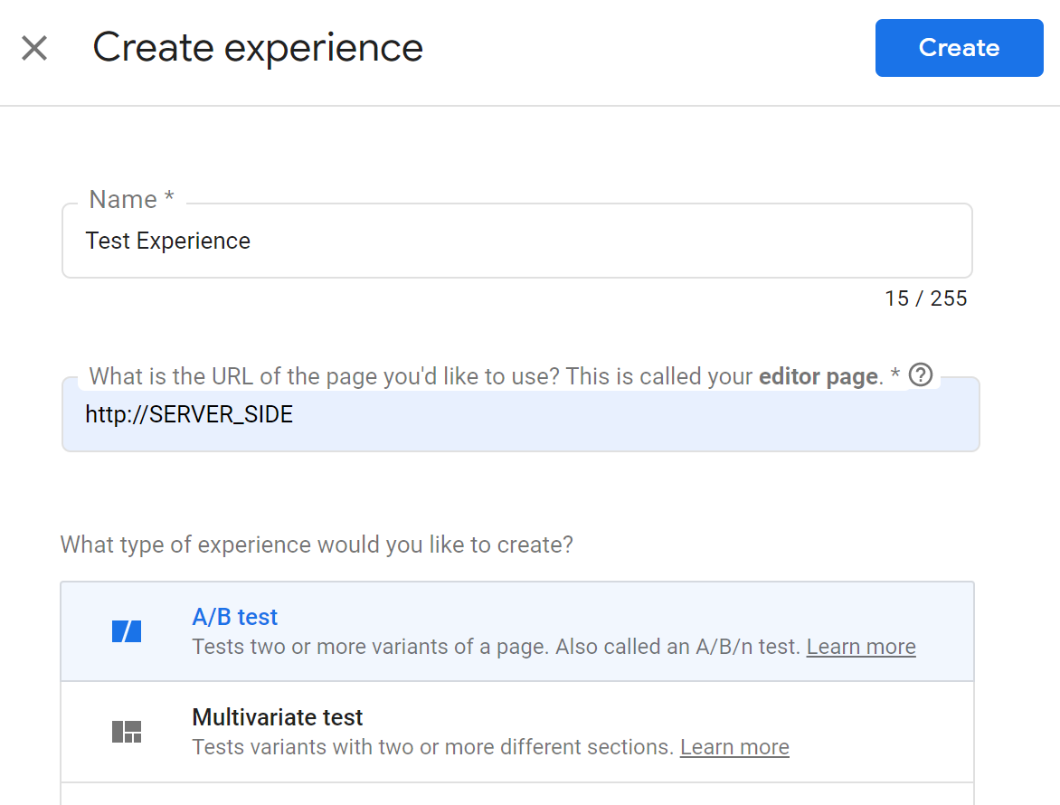 Setting a Google Optimize experience type