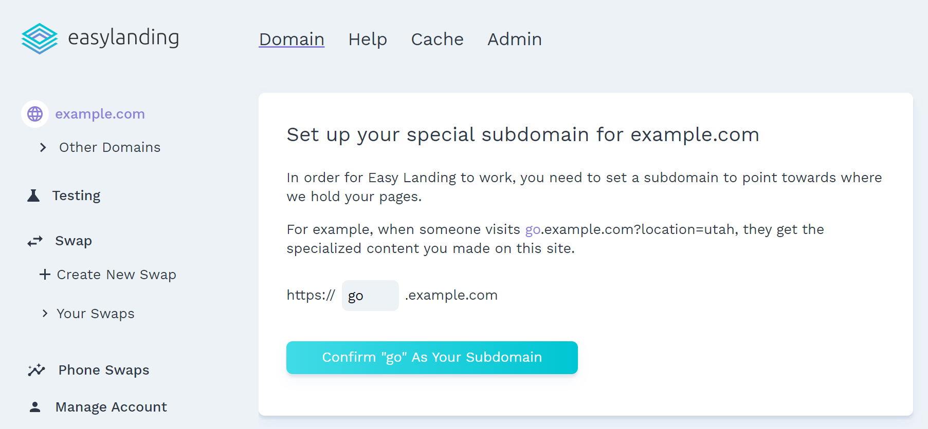 dialog box asking to set a user's subdomain on Easy Landing